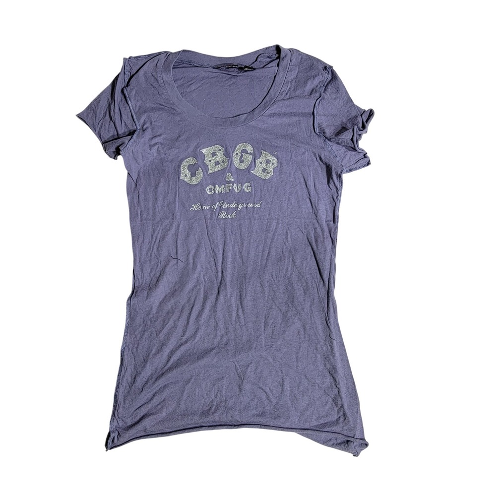 CBGB OMFUG Graphic T-Shirt Purple Glitter Logo Punk Rock Music Tee Large Slim